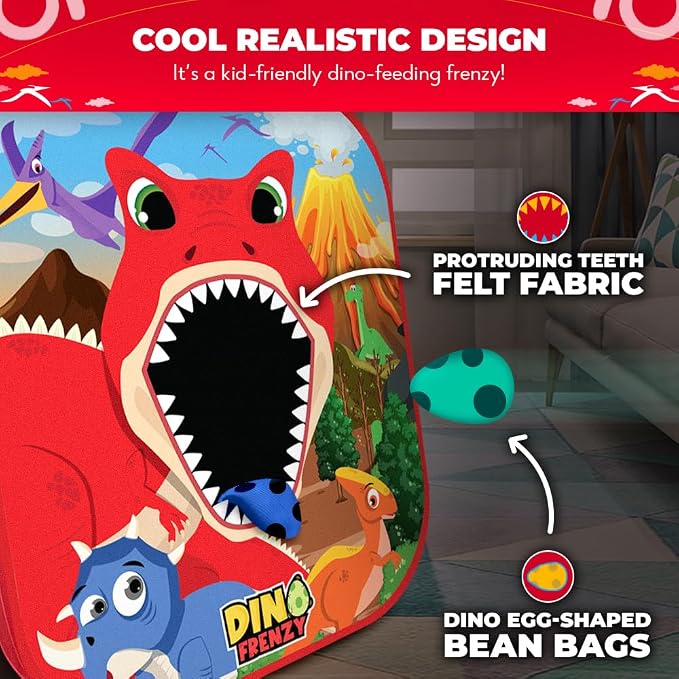 Swooc Games® - Dino Frenzy | 2-in-1 Corn Hole Games for Kids | 5-Second Setup | Dinosaur Bean Bag Toss Game for Kids | Kid Cornhole Game Set | Toddler Party Activity | Outside Bean Bags Kid Tossing