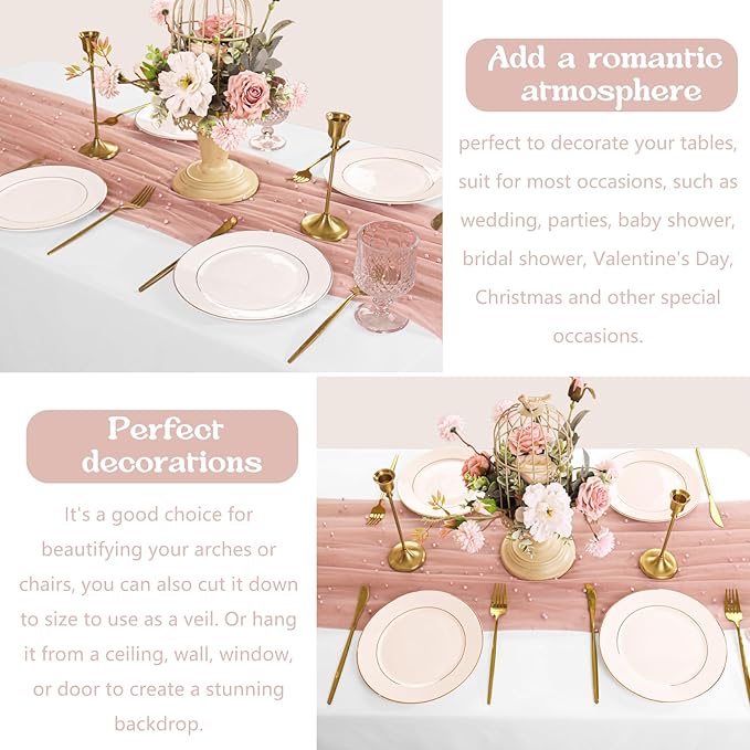 12 Pack 10FT Pearl Table Runner 30x120 Inch Dusty Pink Tulle Fabric Boho Rustic Sheer Table Runners Lace Table Cloth for Wedding Bridal Shower Birthday Party Arch Veil Dessert Table Decor (Dusty Pink)