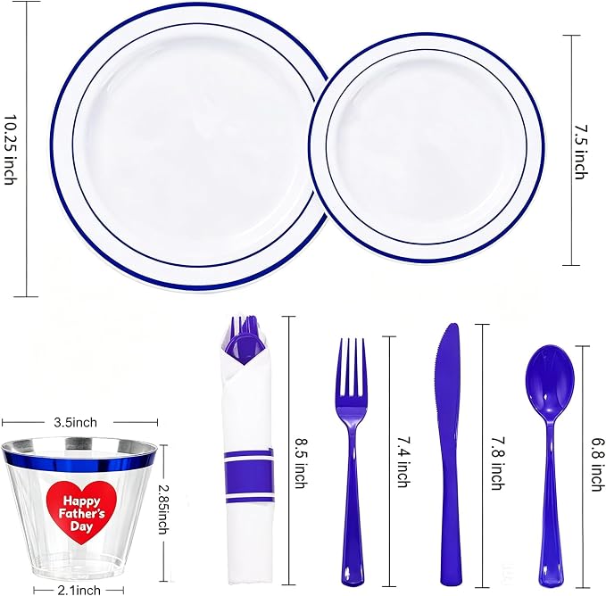 WELLIFE 210 Piece Blue Disposable Dinnerware Set,Plastic Plates for Party, Include: 30 Dinner Plates, 30 Dessert Plates, 30 Pre Rolled Napkins with Gold Silverware and 30 Gold Cups