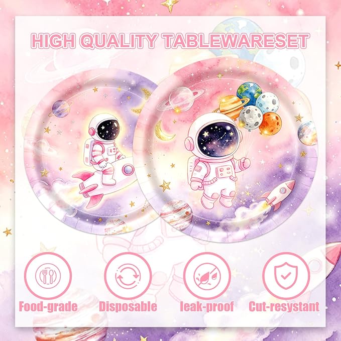 96Pcs Space Birthday Decorations Solar System Paper Plates and Napkins Supplies for Astronaut Baby Shower Decor Pink Galaxy Planet Birthday Tableware Set Space Themed Party Decorations