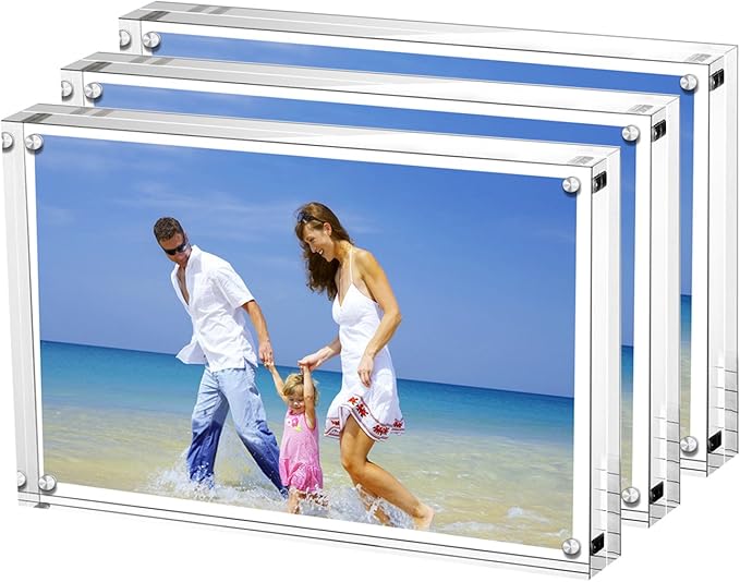 AMEITECH Acrylic Picture Frames 3 Pack, 4x6'' Clear Double Sided Block Set, Desktop Frameless Magnetic Photo Frame