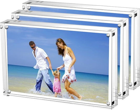 AMEITECH Acrylic Picture Frames 3 Pack, 4x6'' Clear Double Sided Block Set, Desktop Frameless Magnetic Photo Frame