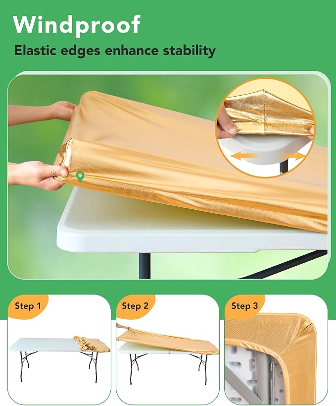 KeyWave Fitted Tablecloth Rectangle Table Cloths - 6 Pack 8 Foot Elastic Stretch Folding Table Top Cover Water-Resistant Reusable for Outdoor Picnic Camping Party Event, Stamping Gold, 96" L x 30" W