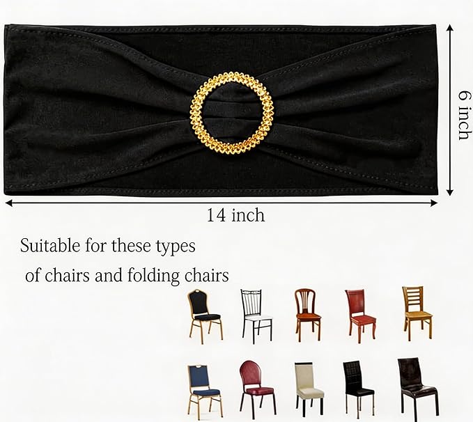 Pack of 50 Spandex Black Chair Sashes with Gold Buckles, Stretch Chairs Sashes for Wedding Party Baby Shower Ceremony Event Decorations Chair Bands Bows (Black Sashes, Gold Buckles)
