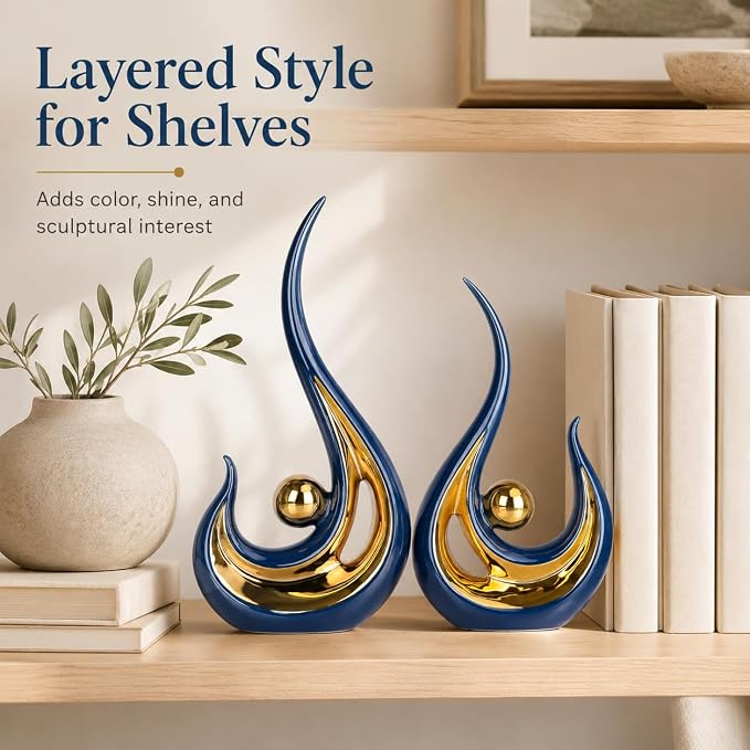 XMGZQ 2pcs Navy Blue Gold Modern Abstract Art Statue Table Decoration,Elegantes Ceramic Statue for Home Décor Accent,Mantel,Bookshelf,Centerpiece Table Decorations for Dining Room,adornos para sala