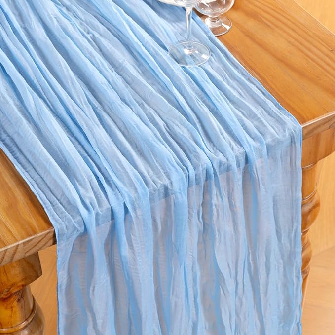 DeZerlor Baby Blue Cheesecloth Table Runner Spring Easter Table Runner Boho Gauze 120 Inches Light Blue Table Decor for Wedding Bridal Baby Shower Parties