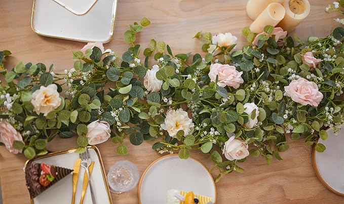 Anna's Whimsy 5.91FT Artificial Eucalyptus Garland with Flowers, Fake Rose Gypsophila Garland, Faux Floral Greenery Garlands for Wedding Spring Party Art Table Runner Decor (Pink, 1)