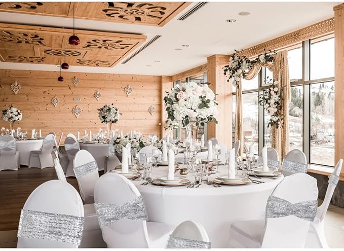 SquarePie Sequin Chair Sashes 30 Pack - Silver Decorative Sashes Bands for Wedding Party Decoration, Seuqin Fabric Bow for Banquet Reception Chairs