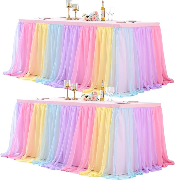 Rainbow Fitted Tablecloth Rectangle 6 Foot Elastic Tulle Ruffle Tablecloths Rectangular Stretch Spandex Table Covers 6ft Baby Shower Birthday Wedding Party Pastel Table Cloths with Skirt 2Pack