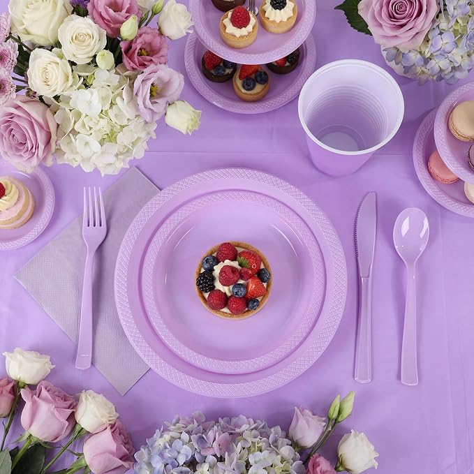 352 Pcs Lilac Plastic Plates Party Set, 50 Guests Disposable Dinnerware Set with Light Purple Tablecloths, Soft Lilac Plastic Plates Party Set for Baby Shower/Bridal Shower/Tea Party/Spring Event
