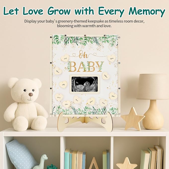 Sage Green Baby Shower Decorations, Guest Book Alternatives with Four Leaf Clover Pen, 60 Heart Wood Slices for 60 Guests, Boy or Girl Gender Reveal Decorations