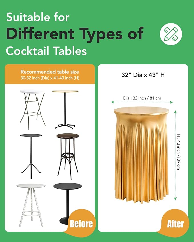 Cocktail Table Tablecloth with Skirts - 32x43 Inch Wavy Spandex High Top Cocktail Table Covers, Ruffle Drape Highboy Tablecloth Reusable for Party Wedding Cake Standing Table, Stamping Gold, 6 Pack