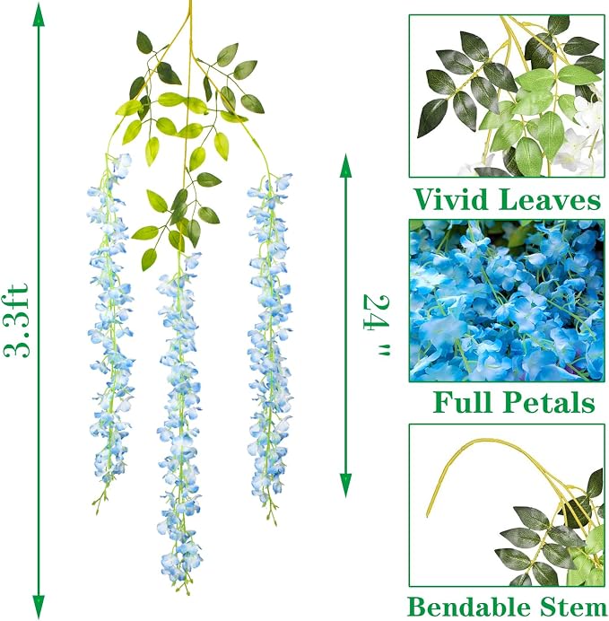 AITISOR 24 Pack Artificial Fake Wisteria Vine Ratta (3.75 Feet) Hanging Garland Silk Flowers String Home Party Wedding Decor (Sky Blue)