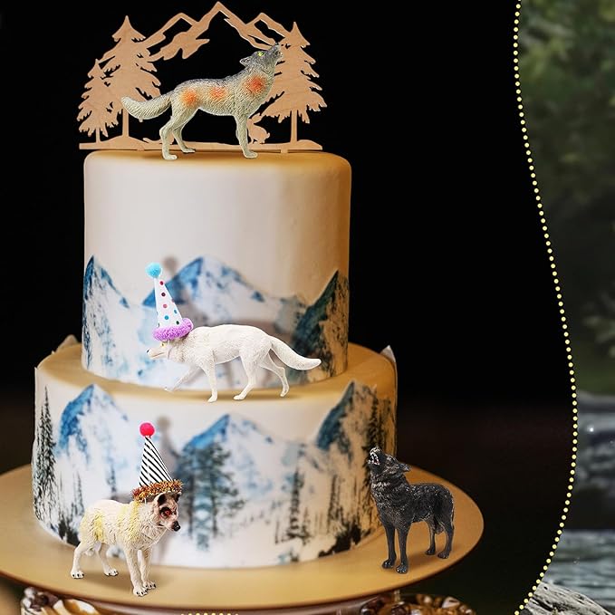 Colingmill 18 Pcs Wolf Miniature Birthday Hats & Figures Cake Toppers with Mini Hat for Birthday Party, Animal Themed Party