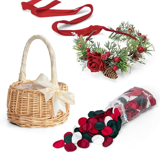 TINGE TIME Set of 3 Artificial Flowers Decoration Wedding Basket with Flower Crown, Flowers Basket, 400pcs Silk Rose Petals (Christmas Red)