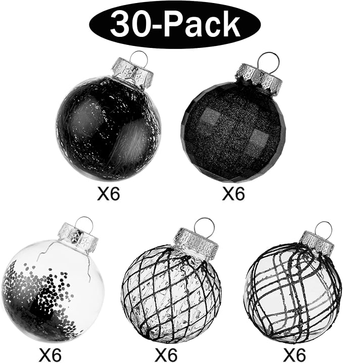 CristBest 30ct Christmas Ball Ornaments-60mm/2.36" Shatterproof Clear Plastic Xmas Balls Baubles Set with Stuffed Delicate Sparkling, Hanging Christmas Tree Decorations(Black)