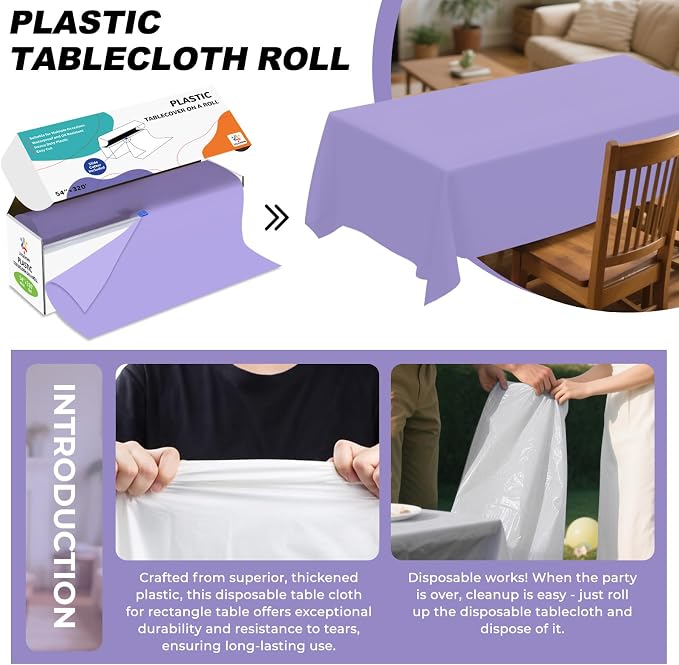 54IN X 320FT Plastic Table Cover Roll with Cutter Box, Cut to Size Plastic Table Cloths for Parties, Birthday, Disposable Tablecloth Roll for All Shape Tables (Light Purple, 54 Inch X 320 Feet)