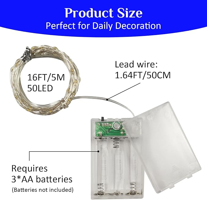 QITONG Blue Fairy Lights Battery Operated, 4 Pack Each 16ft 50 LED Outdoor String Lights, Silver Wire Mini Twinkle Light Indoor