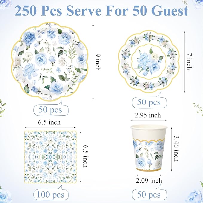 Funnymoom 250 Pcs Floral Party Decorations Flower Paper Plates Napkins and Cups Blue and Gold Floral Disposable Tableware Set for Bridal Shower Baby Shower Wedding Spring Tea Party Supplies, Serves 50