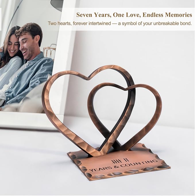 Vastsea 7 Year Anniversary Copper Gifts - 7th Anniversary Wedding Handcrafted Hearts Sculpture for Her Him Couple Wife Husband, with Card & Gift Box
