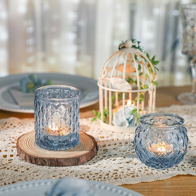 DARJEN Blue Votive Candle Holders Set of 24- Round Candle Holders Bulk, Glass Candle Holder for Vintage Decoration, Tea Lights Candle Holders for Wedding Shower, Party & Gift