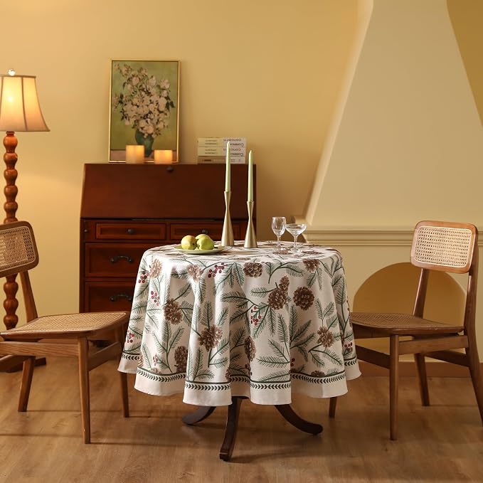 ISAENNE Designer Vintage Linen Round Tablecloth,Diameter 67"-Carol B | French Elegant Table Cloth for Round Table,Pinecones Pattern,Decor,Dining Room,Kitchen,Tea Party,Thanksgiving,Christmas
