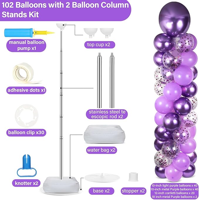 2 Sets Purple Balloon Column Stand Kit with 100 Balloons Lavender Adjustable Balloon Tower Stand with Bases for Floor Purple Confetti Balloon Column Kit for Christmas Birthday Holiday New Year