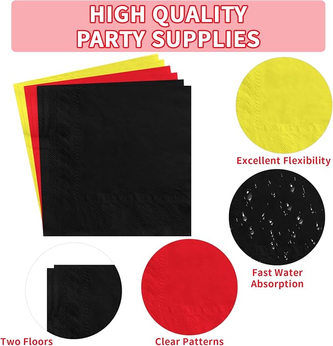 96Pcs Red Black Yellow Mouse Themed Party Decorations, Serve 24 | Mouse Color Cartoon Plates and Napkins Sets for Mouse Theme Kids Baby Shower Birthday Wedding Anniversary Party Supplies