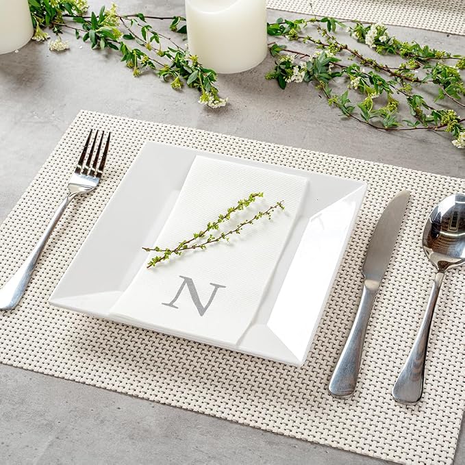 Luxenap 15.8 X 7.9 Inch Linen-Feel Guest Towels, 50 Lettered Hand Towels - Silver Letter 'N', Sans Serif Font, White Paper Dinner Napkins, airlaid, For Restrooms And Tables - Restaurantware