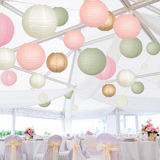 Sage Green Pink Paper Lanterns Decorative 12pcs Wedding Hanging Decorations for Bridal Shower Birthday Rustic Party Neutral Baby Shower Sage Green Home Decor
