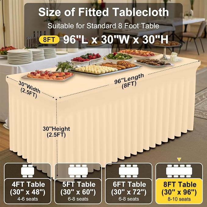 Smiry Spandex Tablecloth, Elastic Fitted Stretch Tablecloth for 8FT Rectangle Tables, Waterproof Washable Table Cover Skirt for Outdoor, Wedding, Banquet & Parties (Ivory, 96Lx30Wx30H Inch)