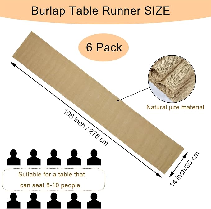 6 Pack 14 x 108 Inch Natural Burlap Table Runners,Rustic Jute Table Runner and Placemats Bulk for Western Wedding Table Decorations,Farmhouse Style Party,Holiday,Kitchen Coffee Table Decor Cover