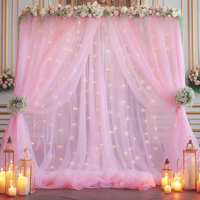 10×10ft Pink Tulle Backdrop Curtain with Lights String for Parties, Sheer Photo Curtain Backdrop Drapes for Wedding Party Photography Backgrounds