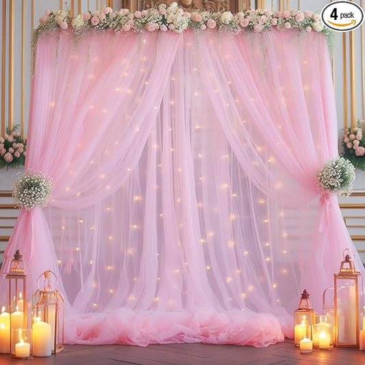 20×10ft Pink Tulle Backdrop Curtain with Lights String for Parties, Sheer Photo Backdrop Curtains for Wedding Party Photography Background