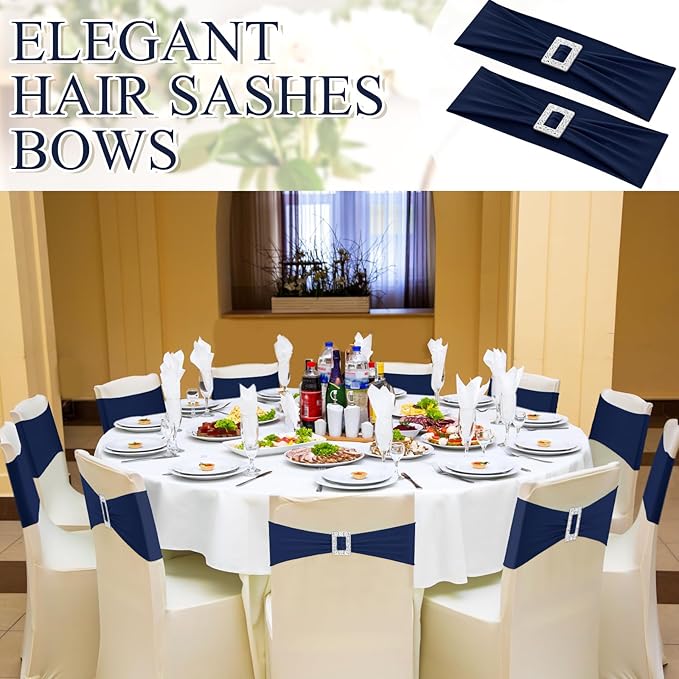 VitalCozy 100 Pcs Spandex Chair Sashes with Square Buckle Slider Stretch Chair Cover Band Universal Elastic Ties Straps Bows for Wedding Banquet Event Party Decoration(Navy Blue)