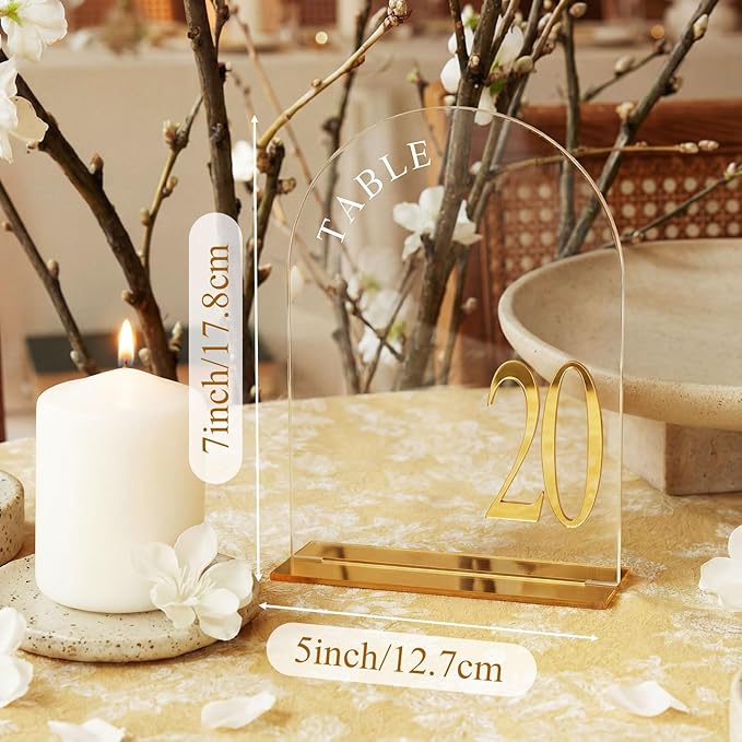 AceOrbit Clear Wedding Table Numbers 1-20 with Stands 5" x 7" Clear Acrylic Wedding Signs with Holder Modern Arch Numbered Signage Tabletop Reception Sign for Anniversary, Banquet, Event Decor