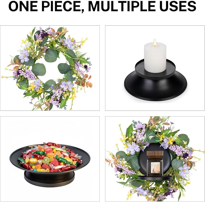 MOYEE Summer Centerpieces for Tables Candle Ring, Black Metal Candlestick with an Artificial Wreaths 14 in Versatile Dining Table Centerpiece Decor (Purple Foam Flower Wreath)