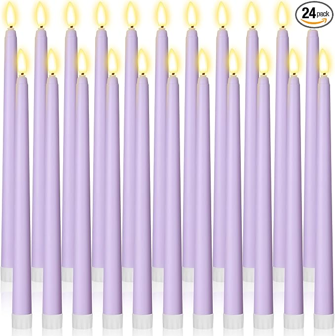 Macarrie 24 Packs Flameless Taper Candles Battery Operated Fake 11 Inch Long Candlelight LED Flameless Candlesticks Flickering Tapered for Summer Fall Wedding(Lavender Purple)