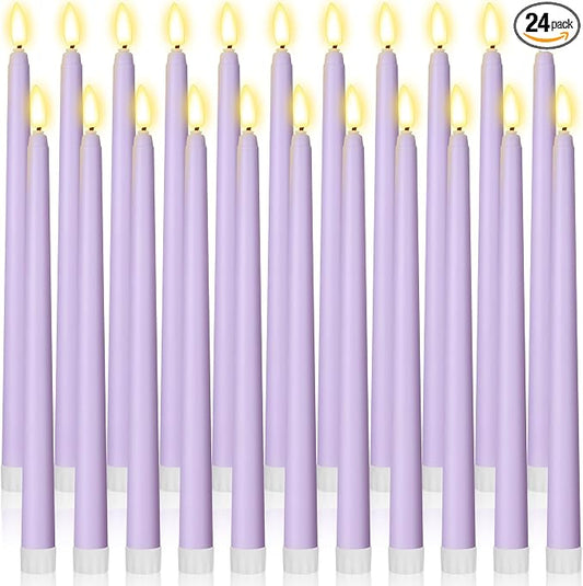 Macarrie 24 Packs Flameless Taper Candles Battery Operated Fake 11 Inch Long Candlelight LED Flameless Candlesticks Flickering Tapered for Summer Fall Wedding(Lavender Purple)