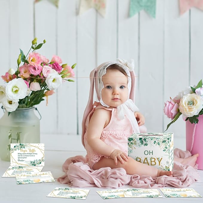 Teling 51 Pieces Diaper Raffle Tickets with Card Box Baby Shower Decorations Baby Shower Holder Box for Girl Boy Diaper Raffle Party(Green Leaf Style)