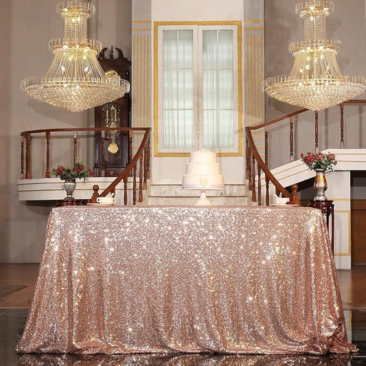 PartyDelight 48x72 Rectangle Rose Gold Sequin Tablecloth High-Density 3mm Stitched Sequins Shimmering Table Cover for 4ft Tables Dessert Buffets & Party Decorations