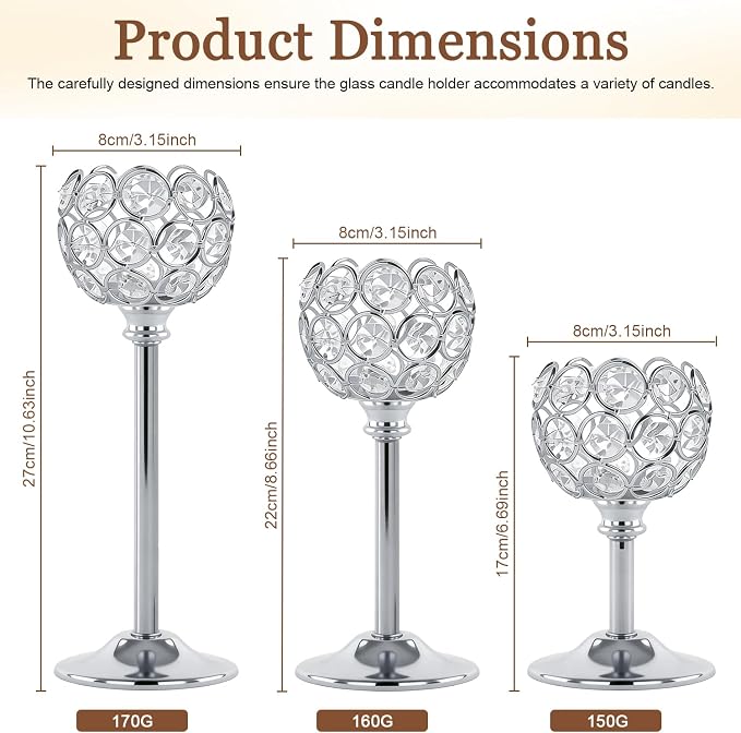 Crystal Candle Holders 2 Set of 6 - Sliver Vintage Hollow Ball Candle Stand for Table Centerpiece, Crystal Metal Tealight Candlestick for Wedding, Dining Room Decor