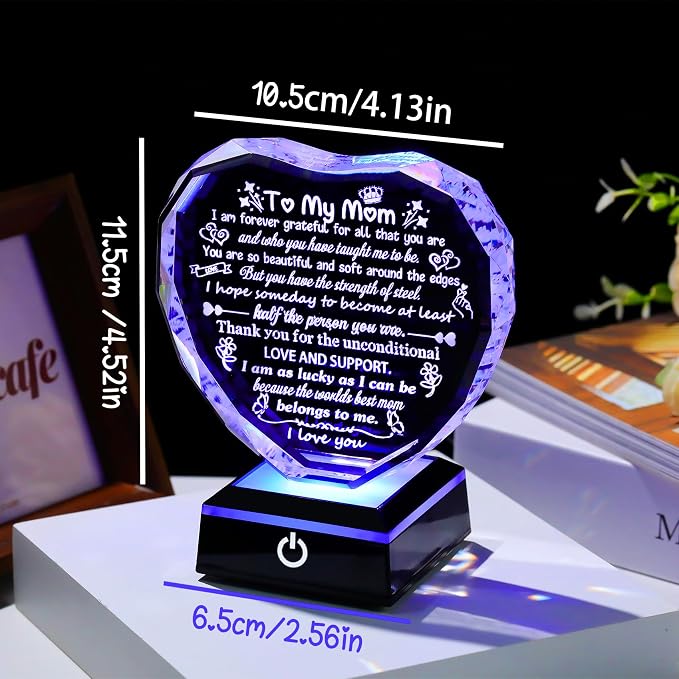 Arikyrist Mom Gifts from Daughter Son Heart Crystal Keepsake to My Mom with Colorful LED Light Base Best Mom Ever Gifts on Birthday Rrtirement Anniversary