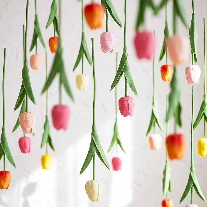 24 Pack 6 Colors 5 ft Artificial Tulips Hanging Flower Garland Decorations Spring Summer Dangling Faux Tulip Floral Vine Strings with Hooks for Wall Ceiling Wedding Tea Party