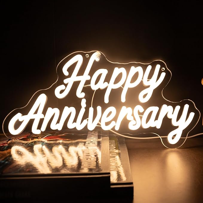 Happy Anniversary Neon Sign - 15.75" Dimmable LED Wall Decor Light, USB Romantic Gift for Couples,Business Celebrate Banner，Party Wedding Anniversary Decorations