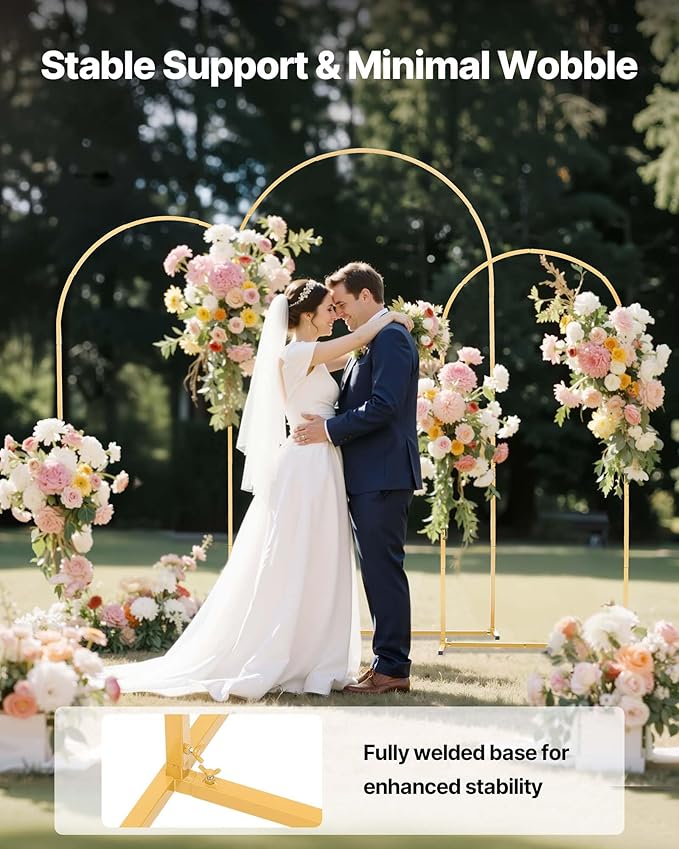 VEVOR Arch Backdrop Stand, Set of 3, 7.2/6.6/6 ft, Stable Structure, Easy Assembly, Gold Metal Arch Backdrop Stand for Wedding, Birthday Party, Graduation, Holiday Celebration, and Ceremony Decoration