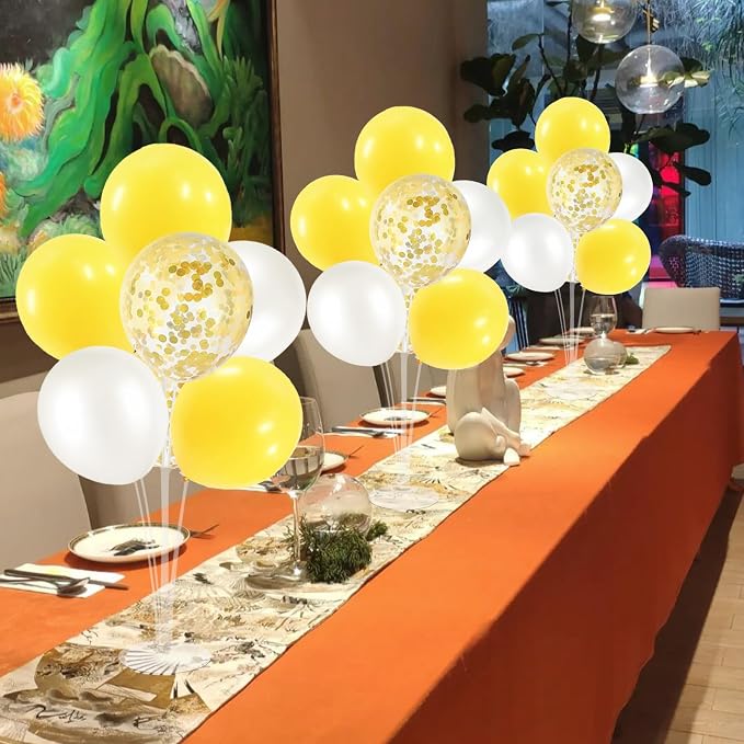 ZJDHPTY 4Set Yellow and White Balloon Stand Table Centerpiece Party Decor | Sunflower Daisy Bee Birthday Baby Shower Bridal Shower Engagement Wedding Spring Summer Backyard Party Decorations