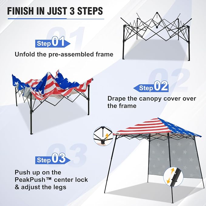 EAGLE PEAK 8x8 Pop Up Canopy Tent with Extended Eaves & Sidewall, Compact, Portable, Easy Setup Slant Leg Instant Shelter for Beach, Sports, & Camping, 8x8 Base 7x7 Top, American Flag