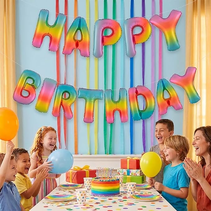 Rainbow Happy Birthday Banner Foil Letter Balloon, 14 Inch 3D Colorful Patterned Reusable Mylar Foil Letters, Birthday Decorations (Birthday Banner 4)