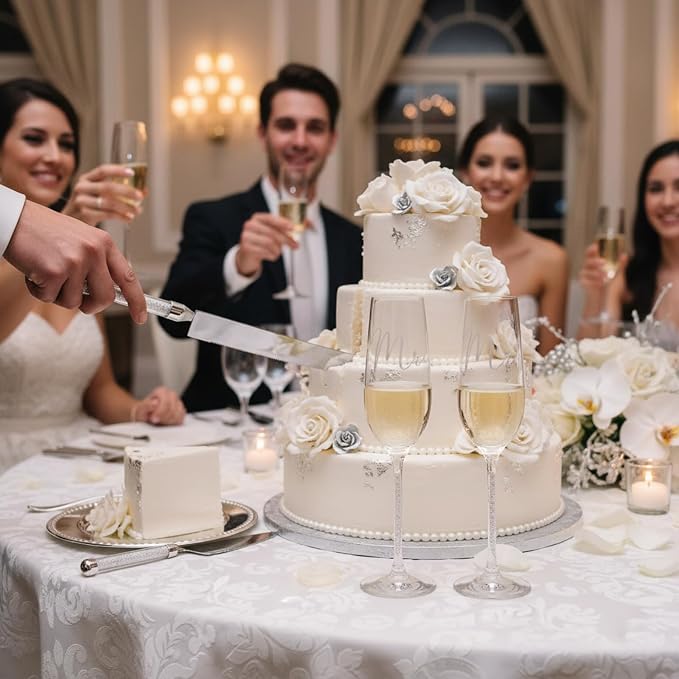 Boao 4 Piece Wedding Cake Knife and Champagne Flutes Server Set Mr and Mrs Toasting Flutes Crystal Rhinestone Cake Cutting Set for Bride and Groom Wedding Engagement Bridal Shower Gifts(Silver)